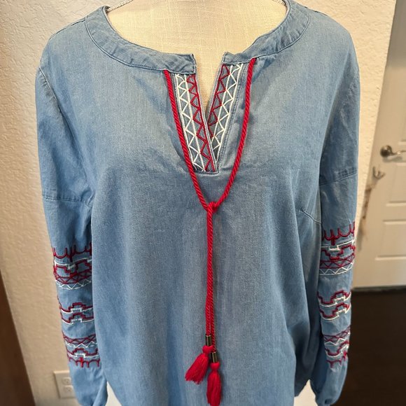BROOKE SHIELDS Denim Boho Peasant Shirt - M - Picture 5 of 12